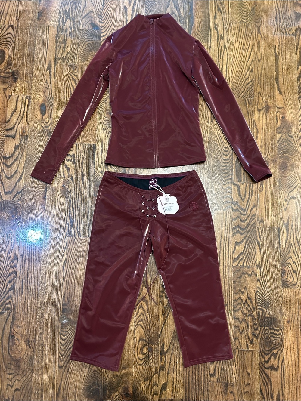 BodyByRaven: Burgundy Vinyl-Look Two-Piece Set - Lace Front Pants & Zip Jacket